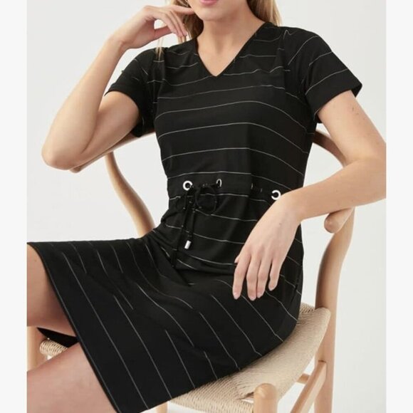 Joseph Ribkoff Women's Size 8 Black/Vanilla Stripe V Neck Tie Waist Midi Dress - Picture 3 of 14